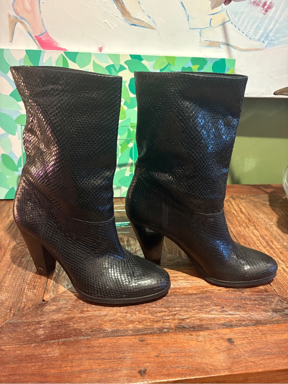 MICHAEL Michael Kors Divia black leather bootie snake embossed almond toe sz  8